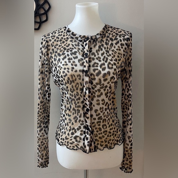 Tops - Sheer Leopard Print Button-Up Women's Blouse Top Party Casual Chic Coquette
